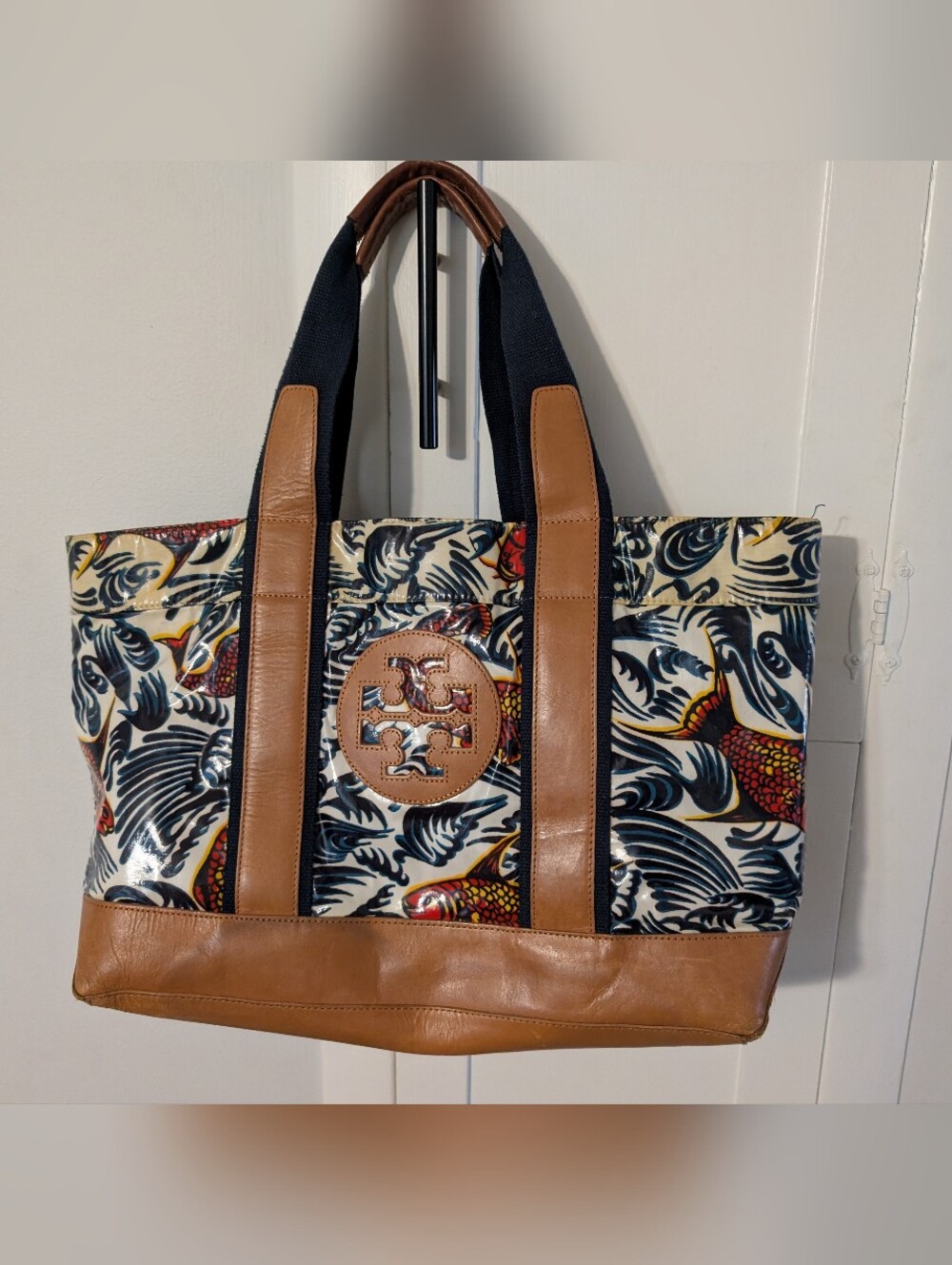 Tory Burch Canvas Tote with Tan Leather Trim and Gold Logo - Picture 10 of 12